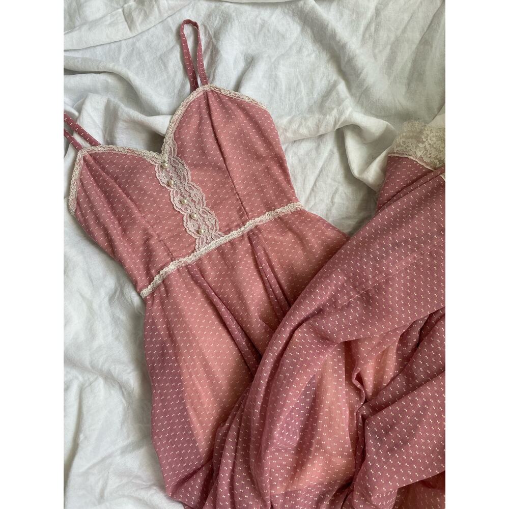 Gunne Sax 5 Pink Polka Dot Cottage Core Pearl Button Prairie maxi Dress - Picture 2 of 9